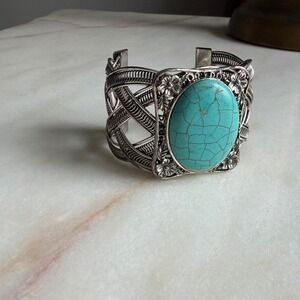 Boho Silver Tone Woven Wire Cuff Bracelet Large Faux Turquoise Statement Floral